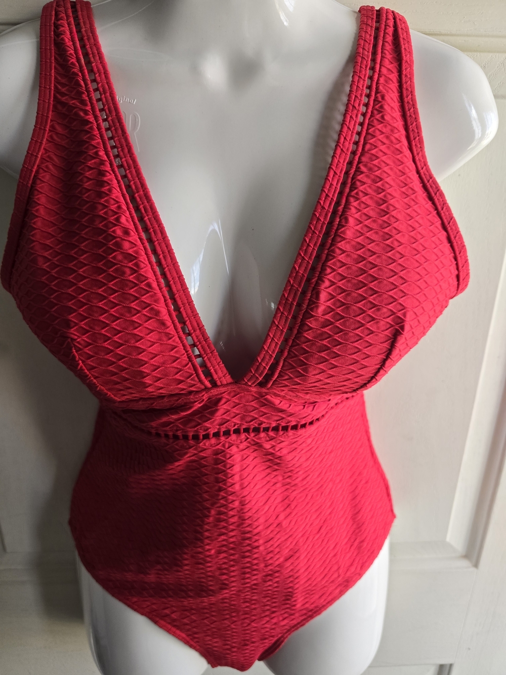 Deep V-Neck Red Textured One-Piece Swimsuit